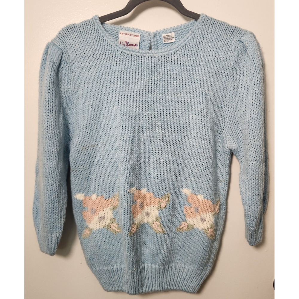 Vtg Hand Knit Liz Thomas Women's Med Pastel Blue 3/4 Sleeve Sweater Keyhole Back